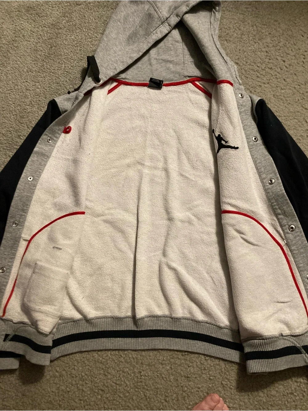 Jordan Grey and Black Hooded Varsity Jacket with Red Trim
